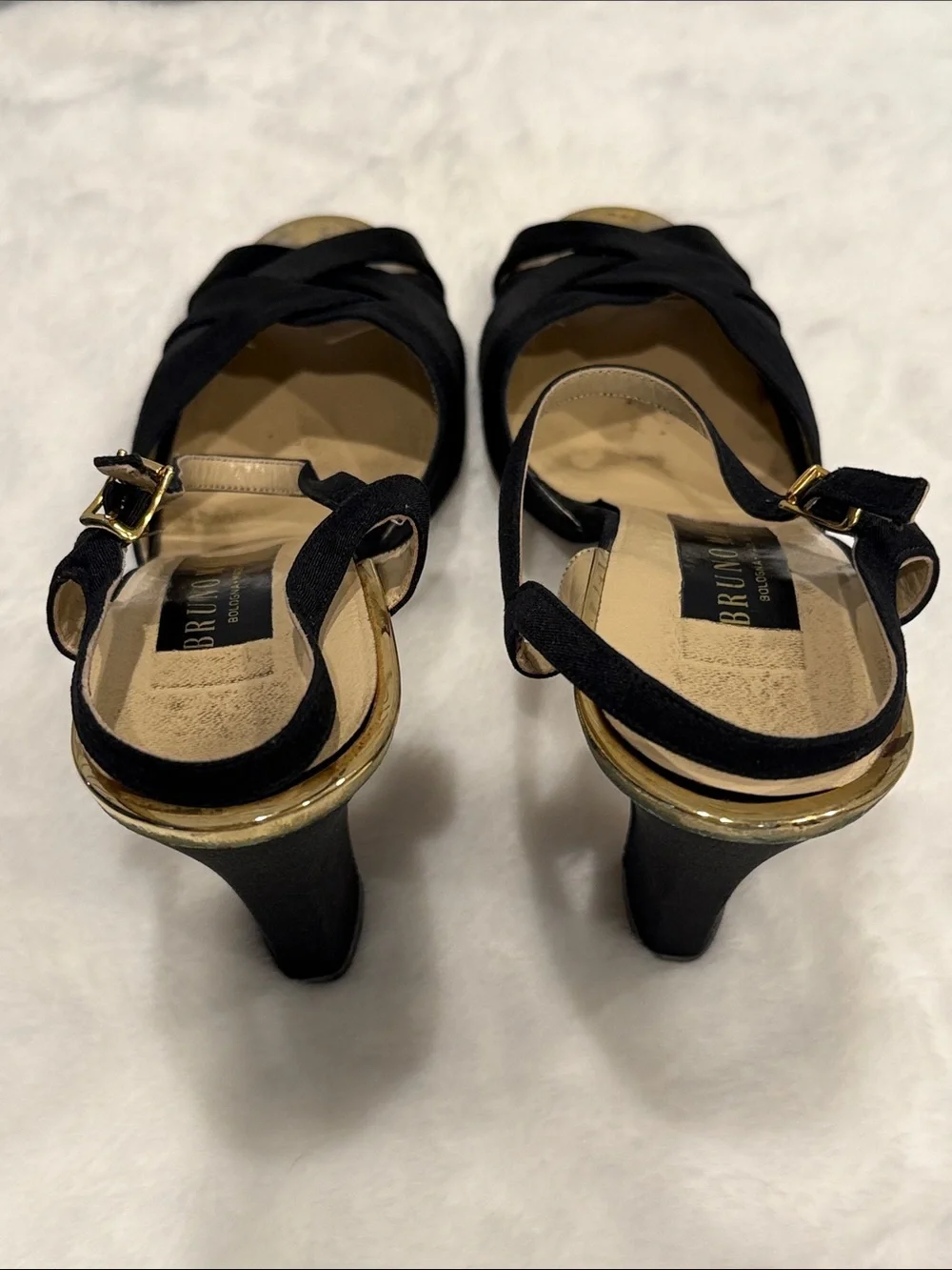 Bruno Magli Black Satin Crisscross Peep Toe Slingback Heels